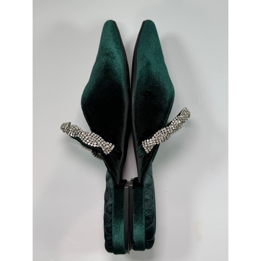 Birdies The Swan Mule Women 9 Green Velvet Crystal Embellished Pointed Toe Flat - Picture 5 of 12